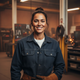 Close-up portrait of a smiling female welder in a workshop, conveying confidence and satisfaction.